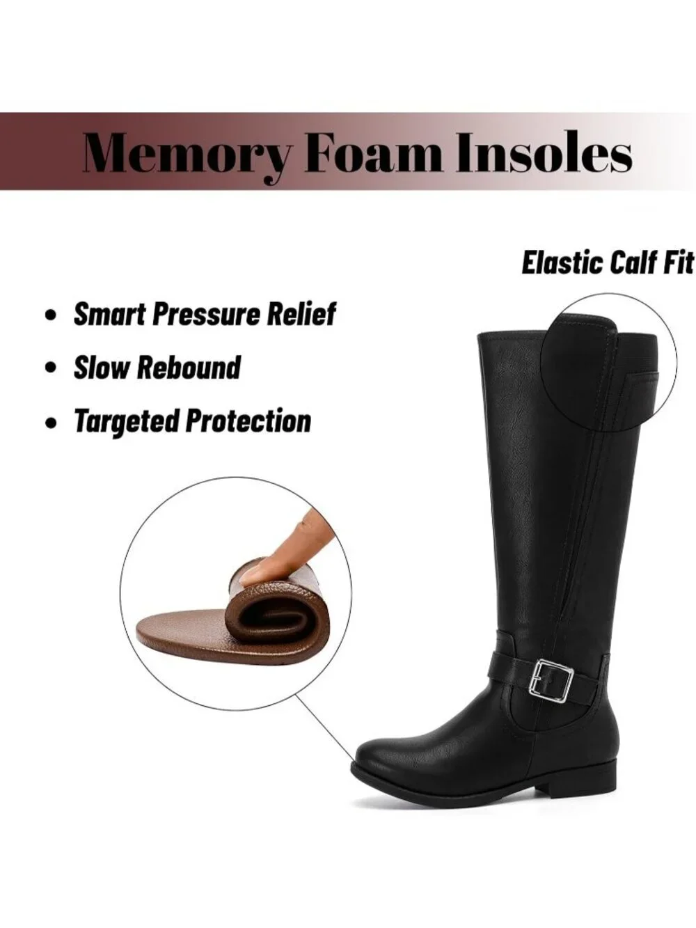 Women's Black Leather Rubber Slouchy Knee High Comfortable Stylish Tall Boots